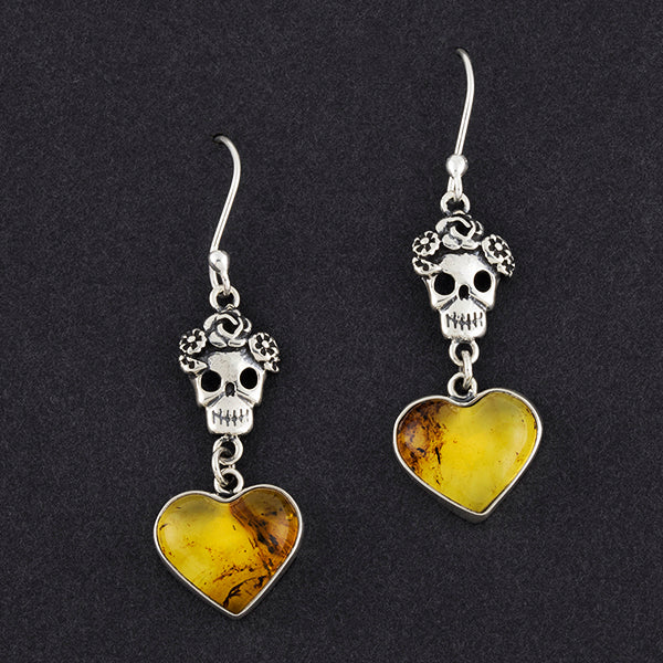 silver and amber sugar skull drop earrings