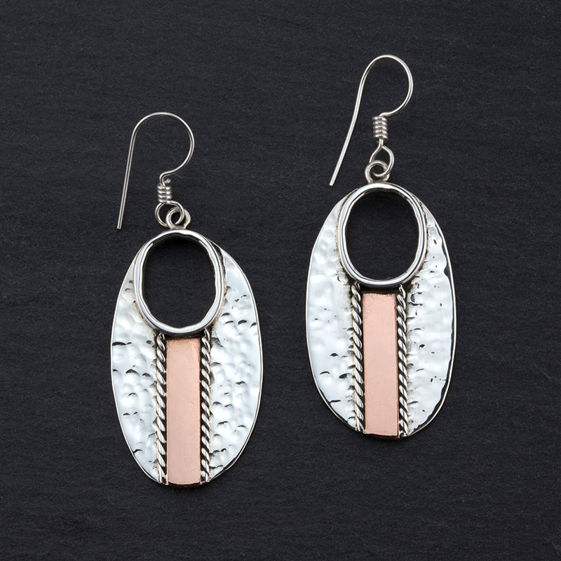 silver and copper oval drop earrings
