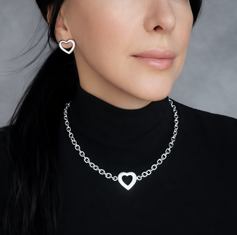 chunky silver heart chain necklace