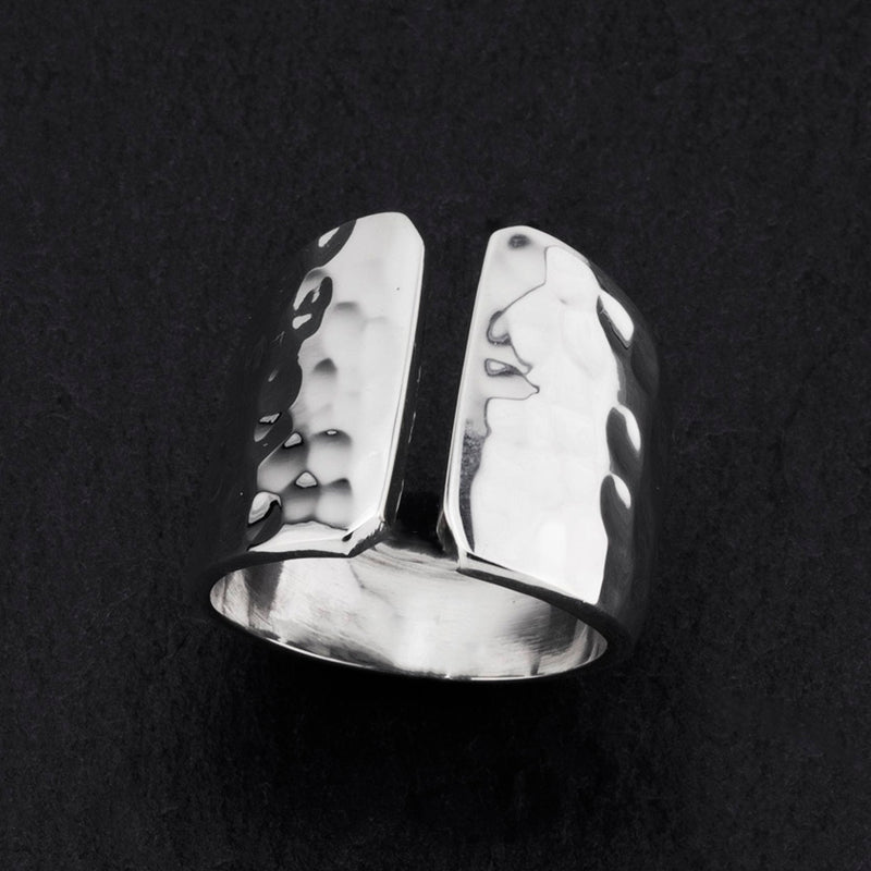 solid hammered silver open front wide band ring