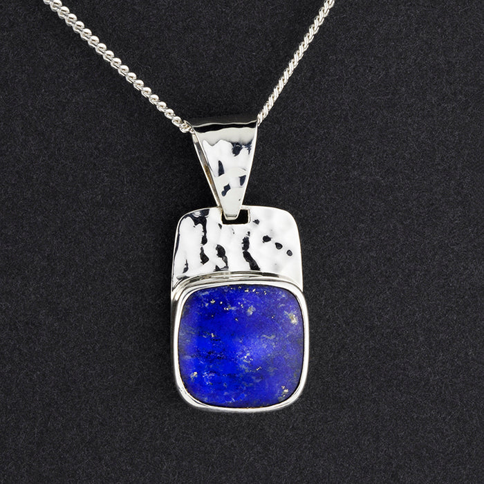 square hammered silver and lapis lazuli pendant necklace