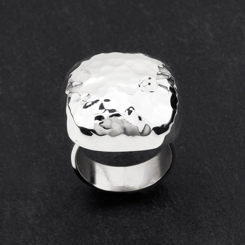 square hammered sterling silver ring