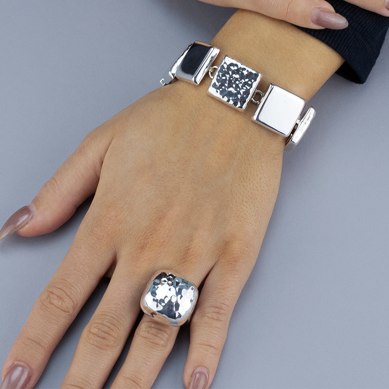 square hammered sterling silver ring