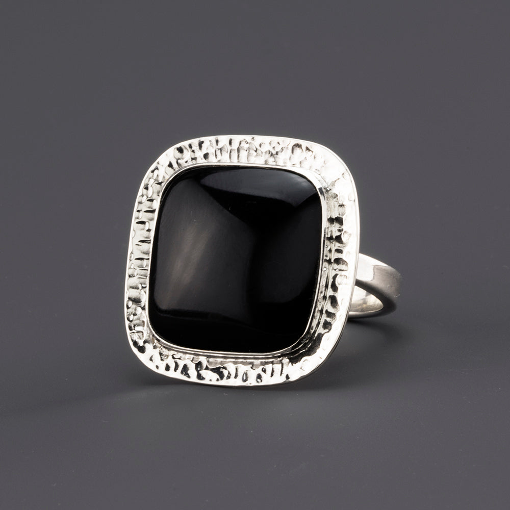 square silver and black obsidian ring
