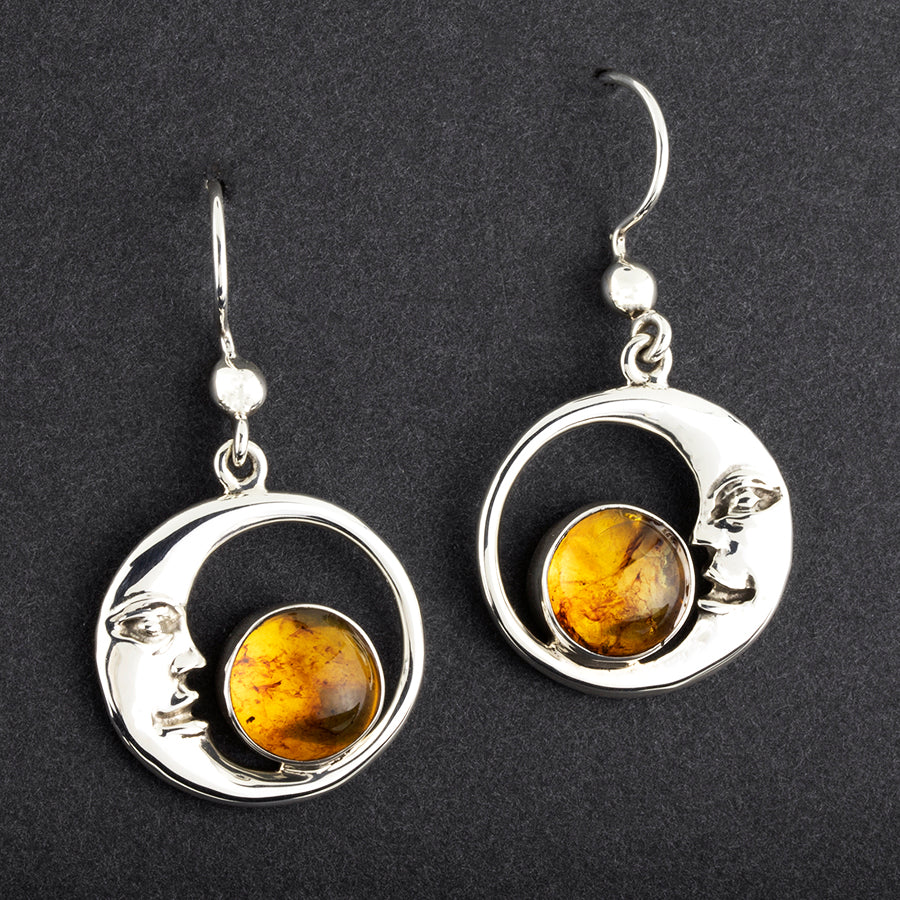 Sterling Silver and Amber Moon Face Dangle Earrings