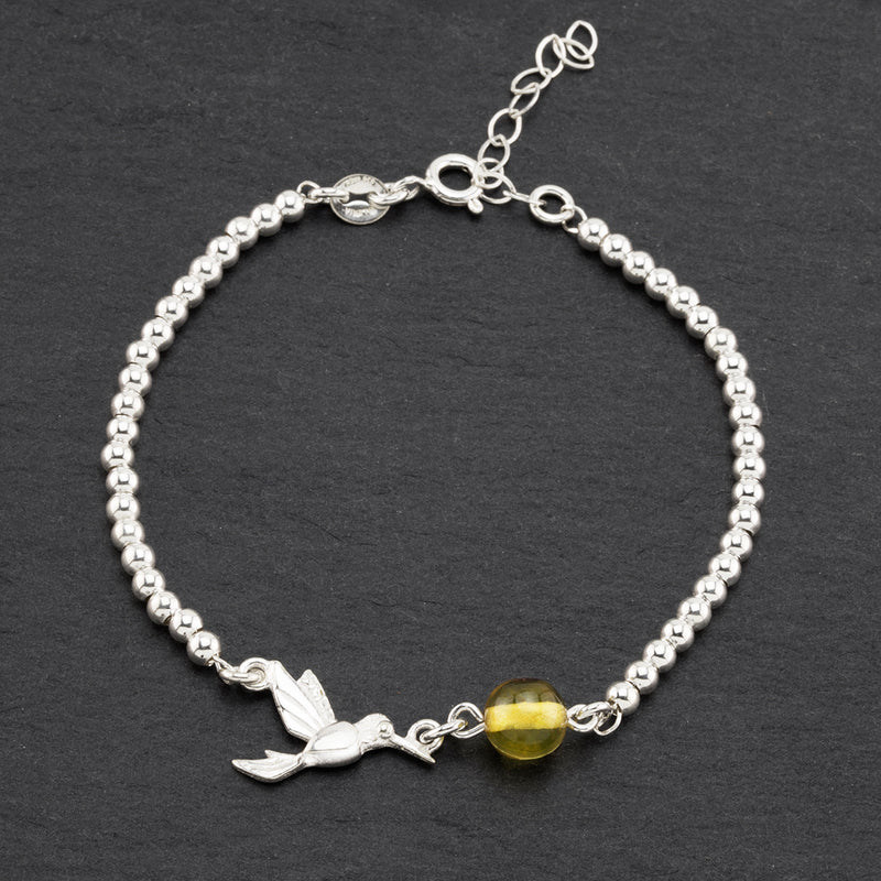 sterling silver and amber hummingbird bracelet