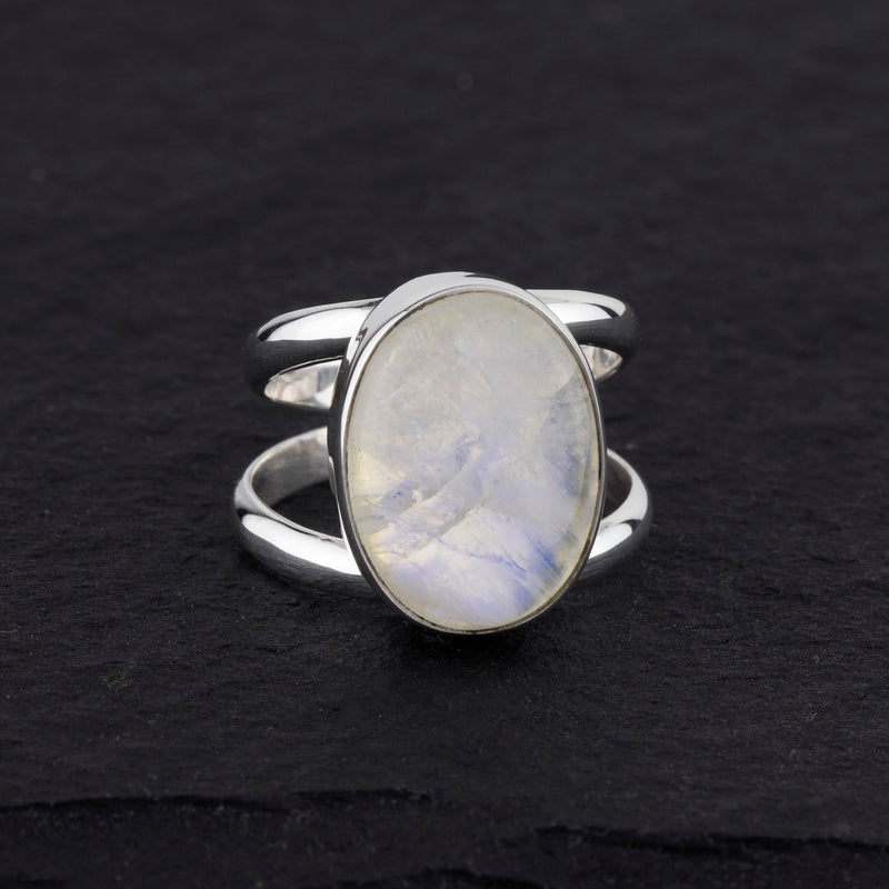 sterling silver and oval rainbow moonstone ring