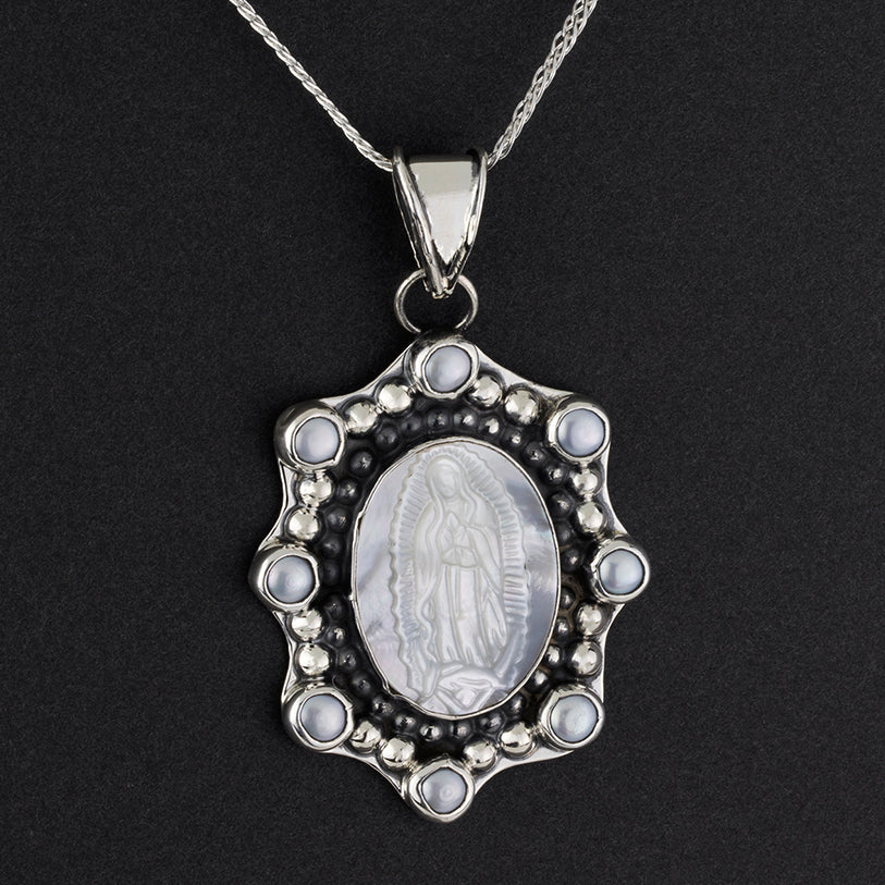 sterling silver and pearl virgin Mary pendant necklace
