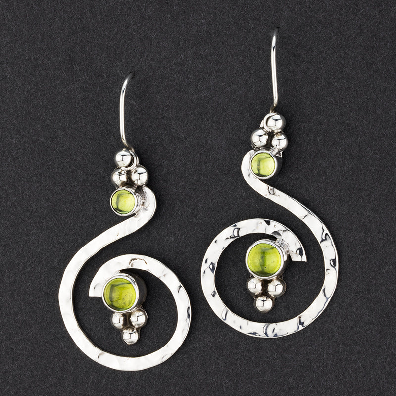 sterling silver and peridot spiral drop earrings
