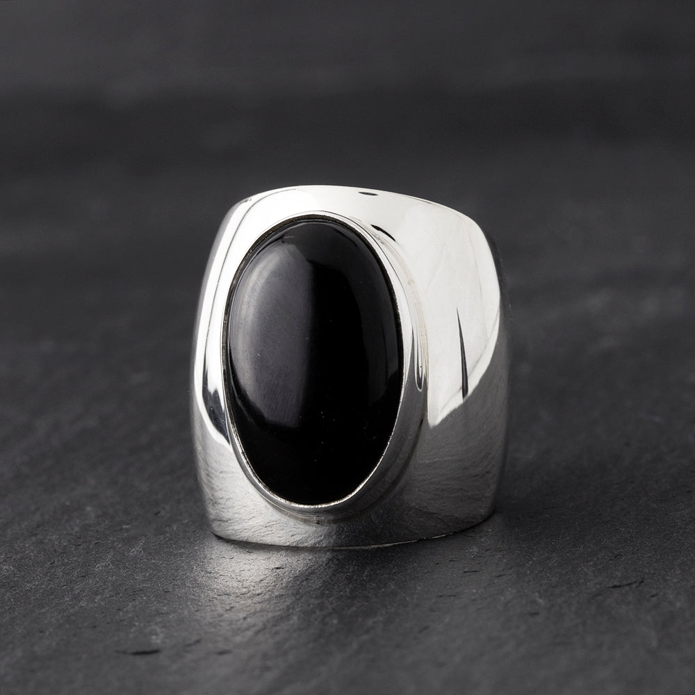 sterling silver and black onyx stone wide band ring