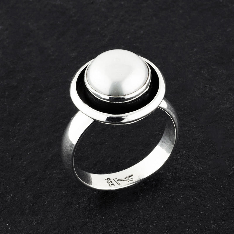 sterling silver button pearl ring