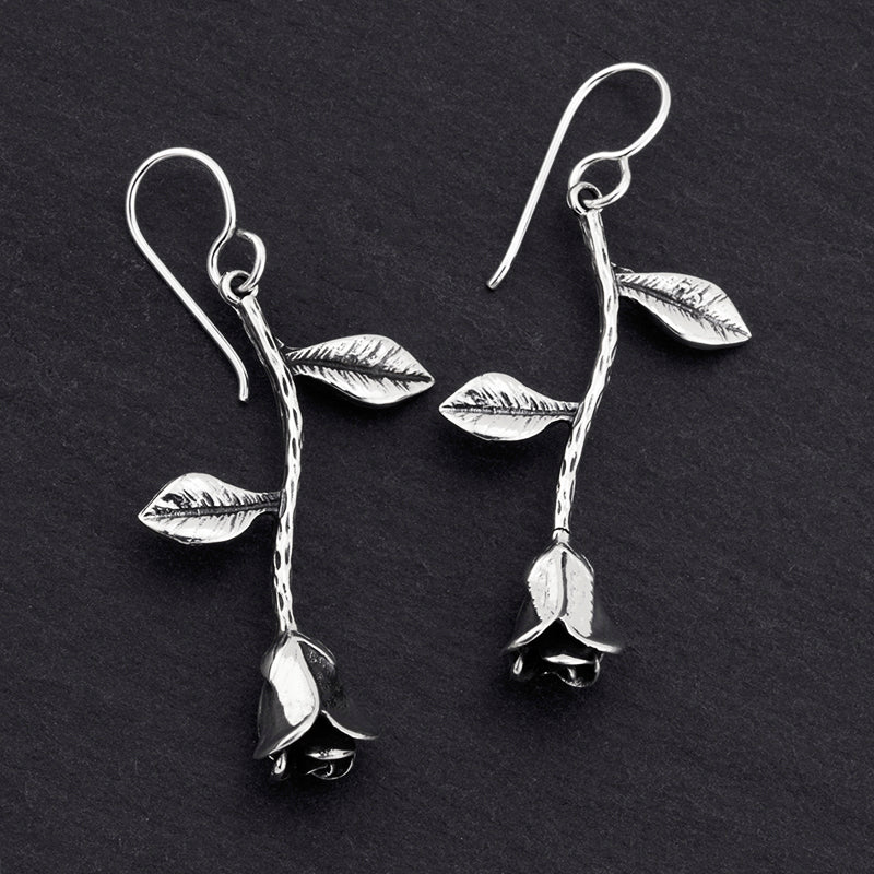 sterling silver carved rose drop earings