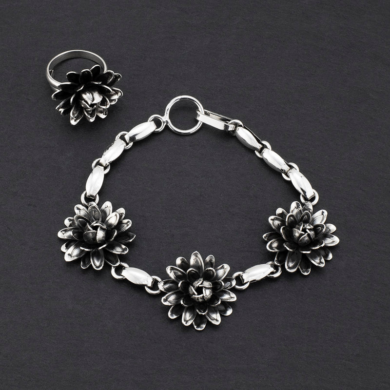 dahlia bloom Mexican silver bracelet