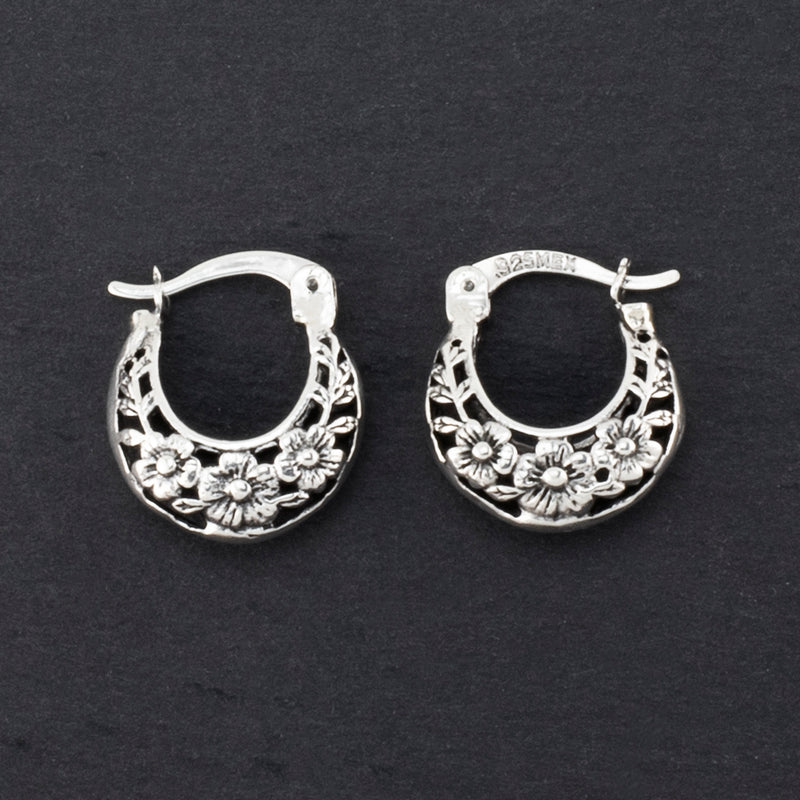 vintage silver small floral creole hoop earrings