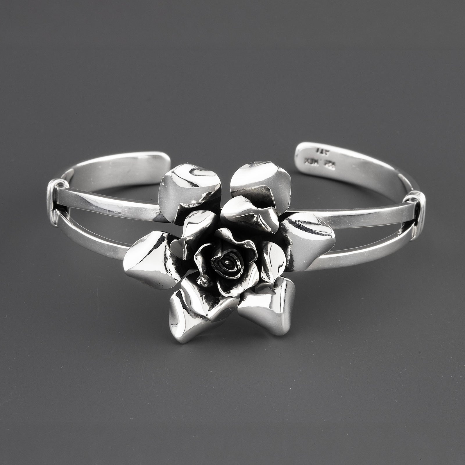 sterling silver rose flower cuff bracelet