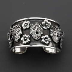 Sugar Skull Mexican Silver Cuff Bracelet - Reveka Rose