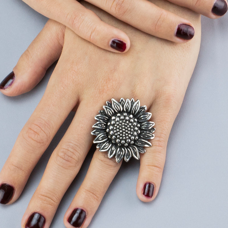 large Mexican silver sunflower ring