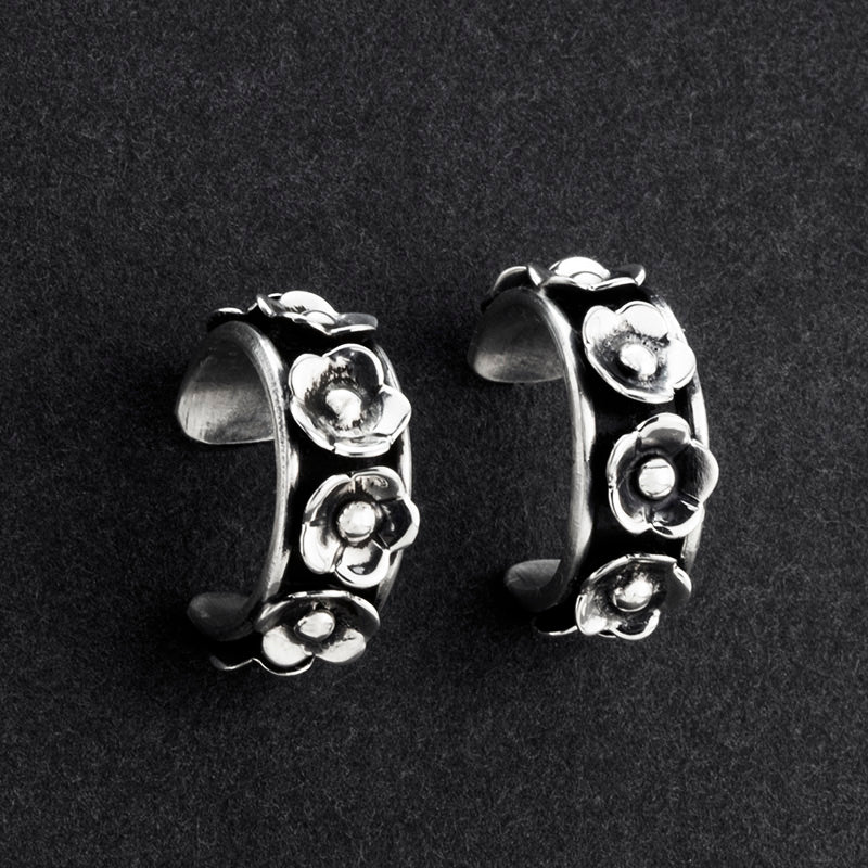 Taxco silver floral hoop earrings