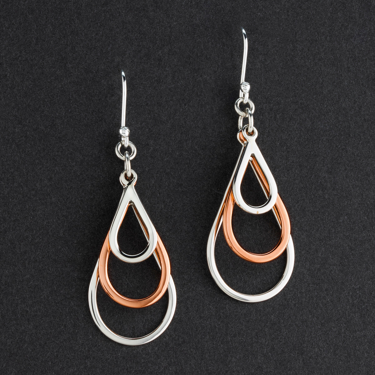 teardrop trio silver and copper earrings