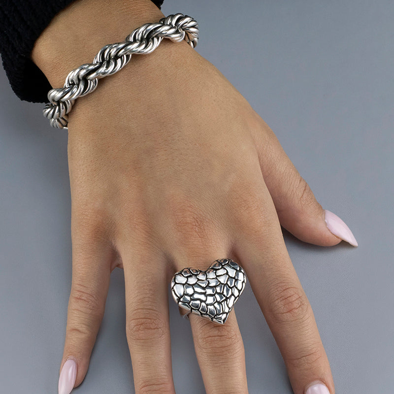 chunky silver textured heart ring