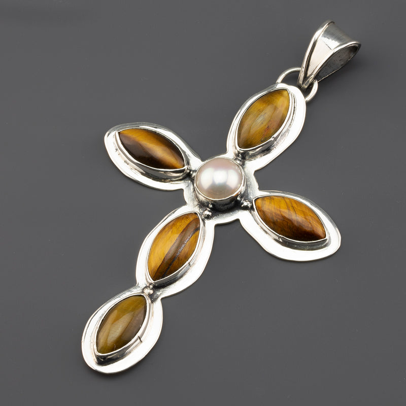 large tigers eye cross pendant necklace