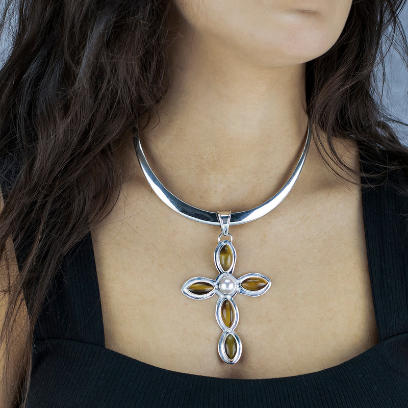 large tigers eye cross pendant necklace
