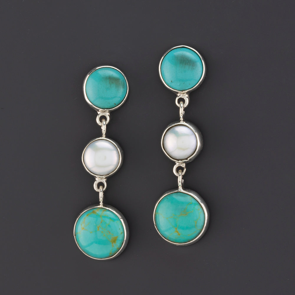 turquoise and pearl triple stone earrings