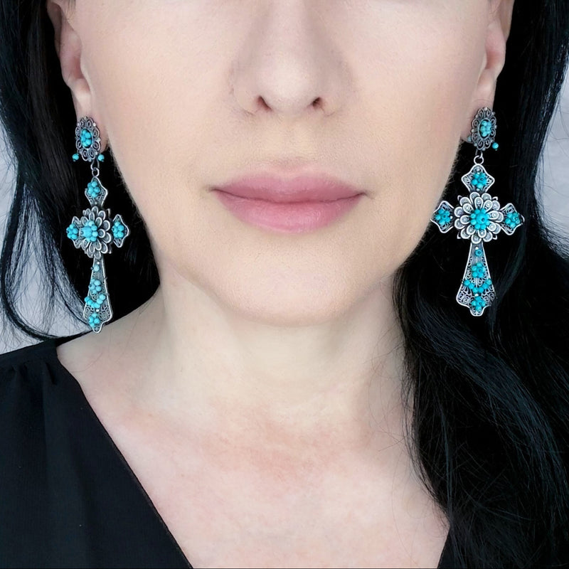 large turquoise filigree cross earrings