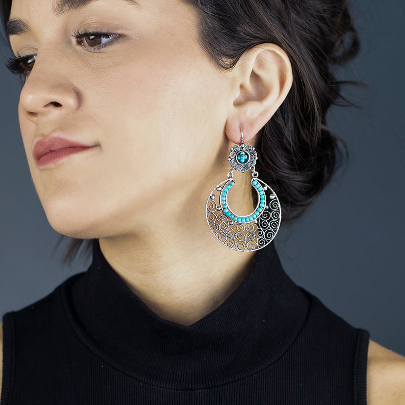 Mexican silver and turquoise filigree earrings