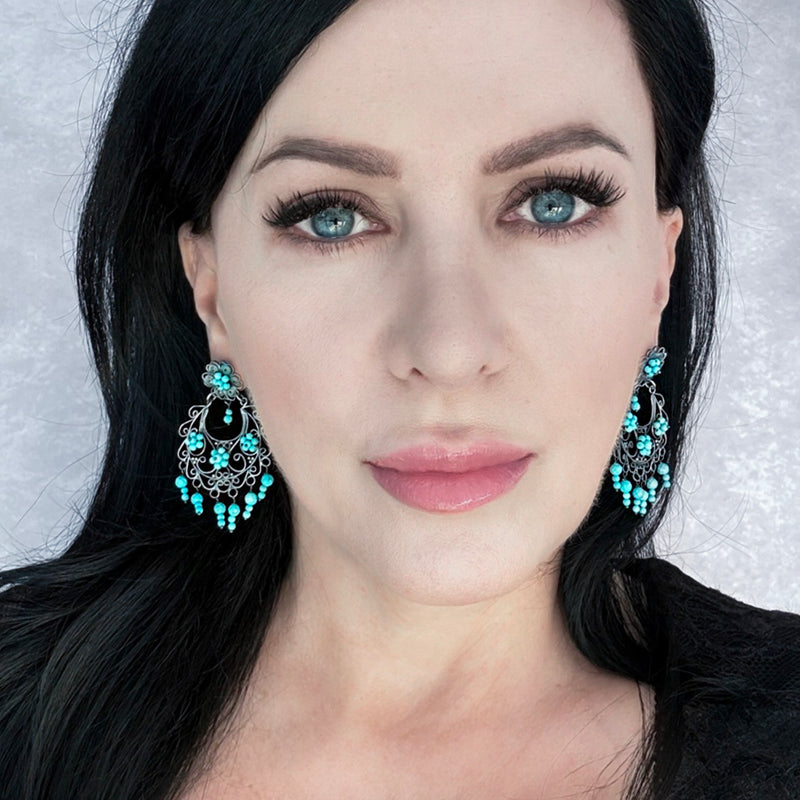 turquoise filigree chandelier earrings