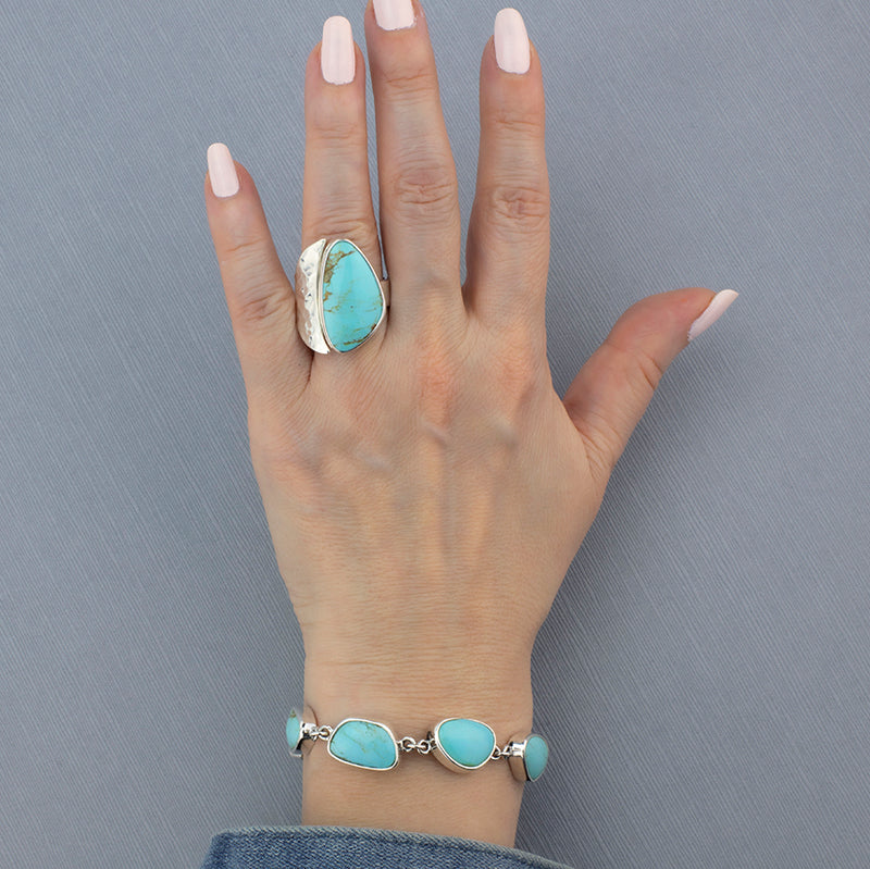 chunky hammered silver genuine turquoise ring