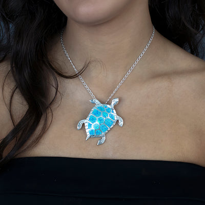 Large Blue Opal Sea Turtle Pendant