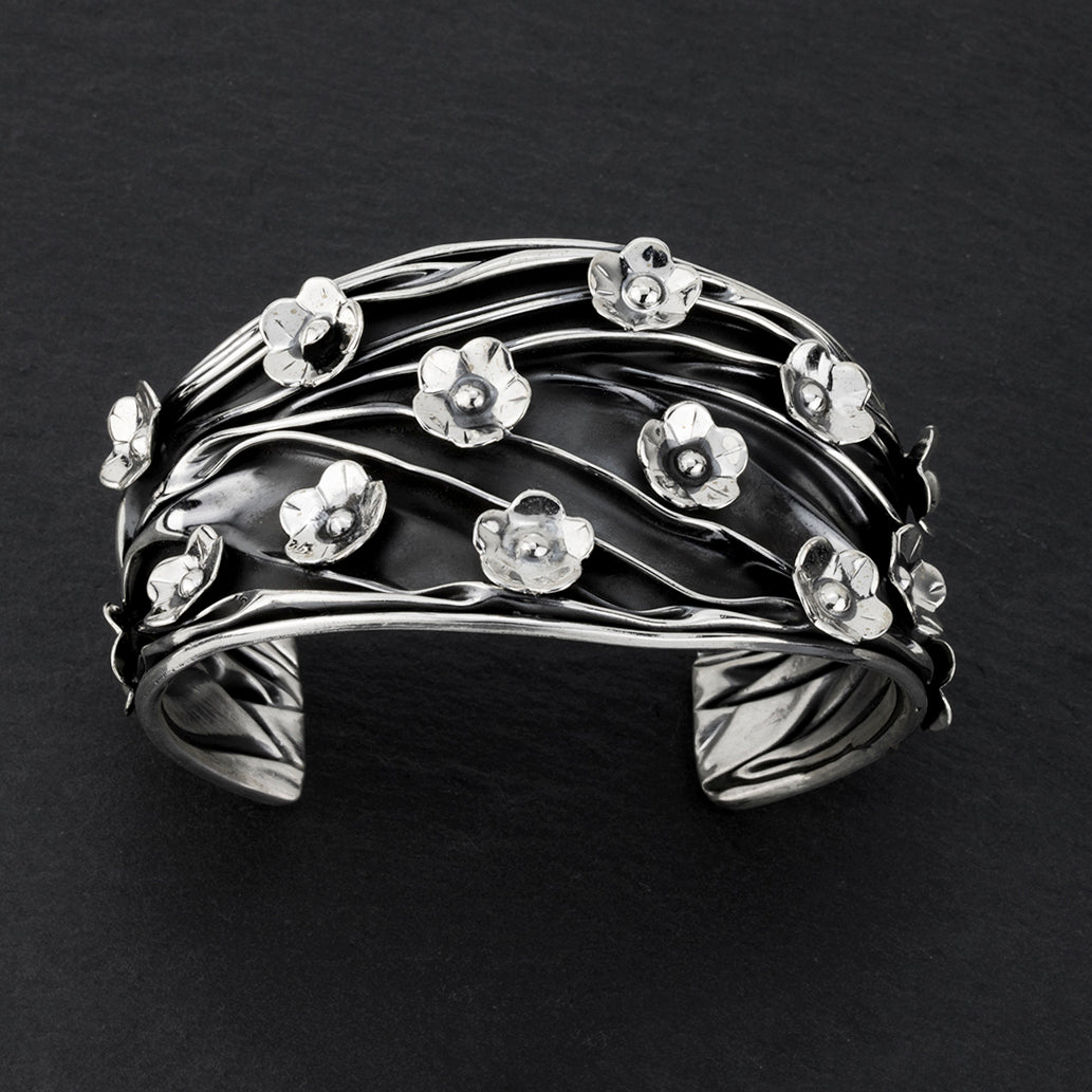 twilligt flowers Taxco silver cuff bracelet