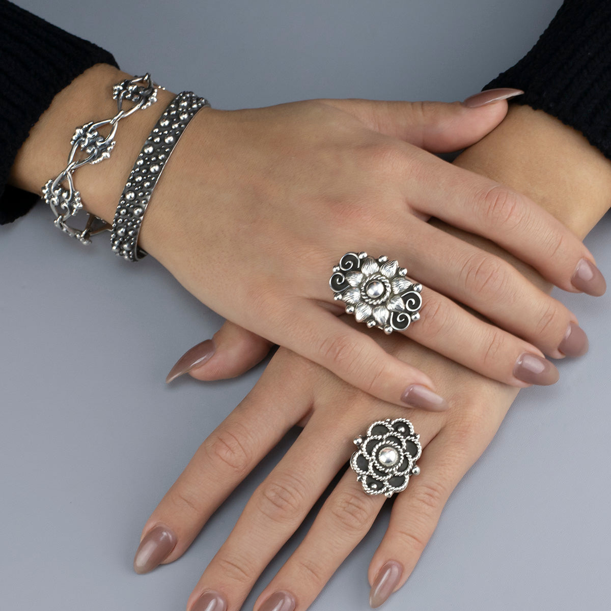 ◇HYERES LOR◇ Champagne Moon Silver (W) Chunky Ring L HL2R8 Lunar Flor Mexican Silver Ring - Reveka Rose