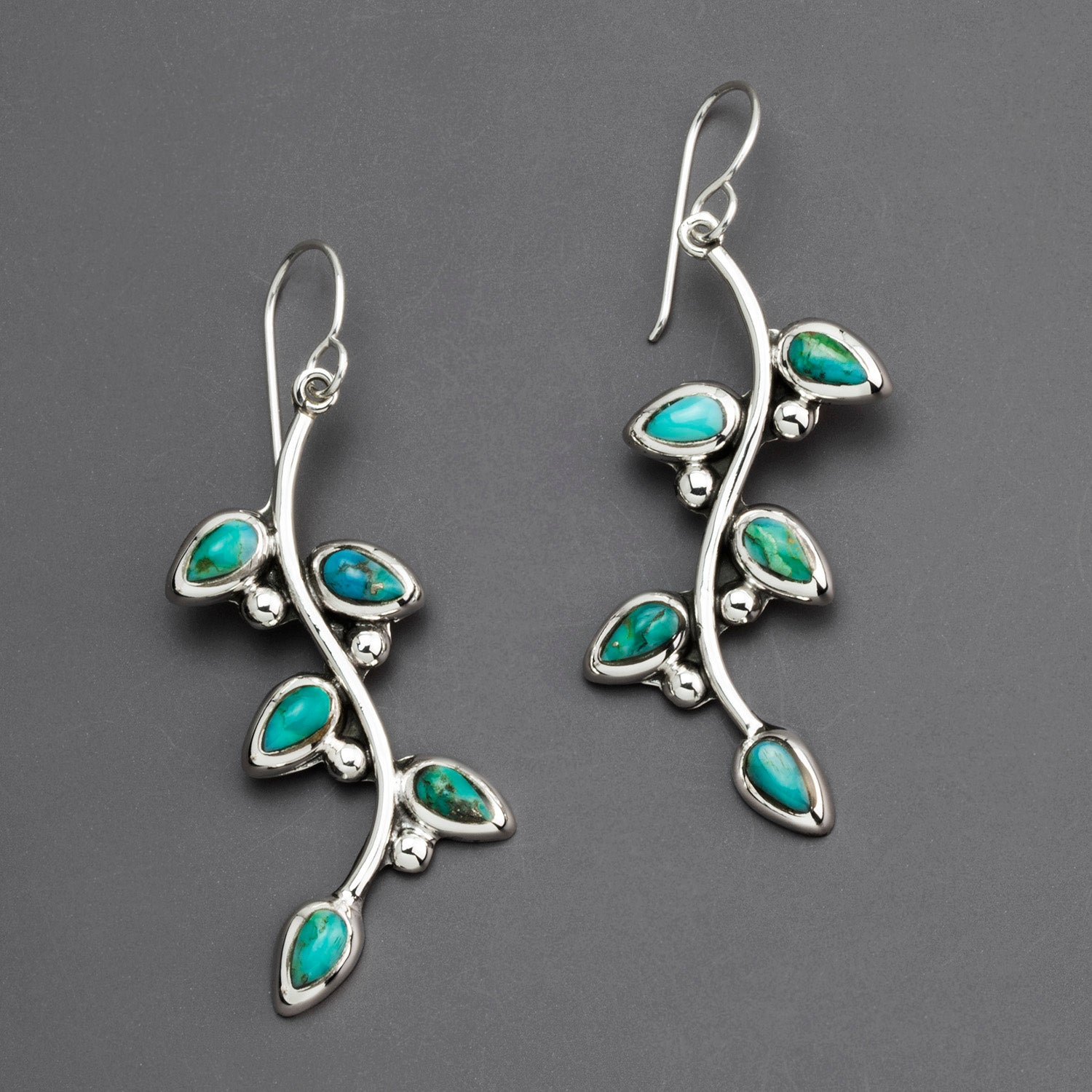 whispering leaves silver and turquoise earrings