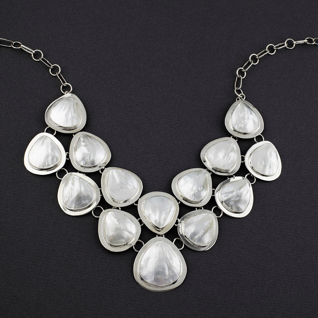 white mother of pearl teardrop statement silver necklace