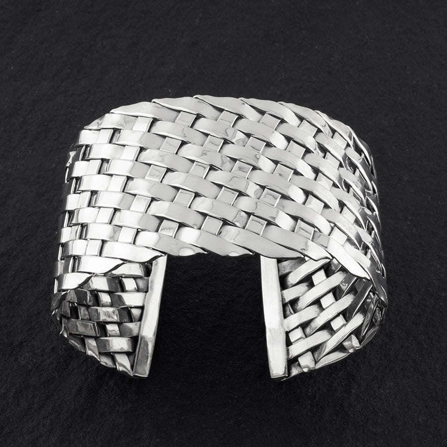 wide Mexican silver basket weave cuff bracelet