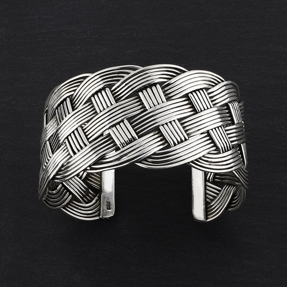 wide Taxco silver woven cuff bracelet