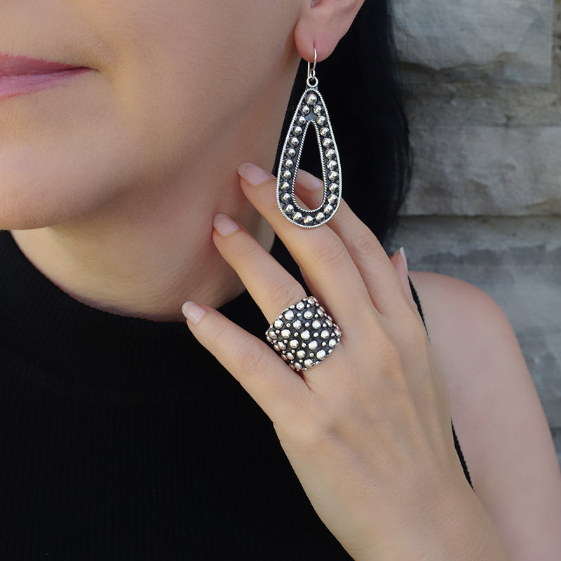 long Mexican silver beaded teardrop earrings