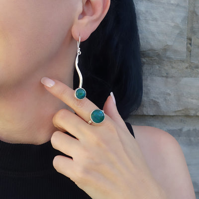 Long Sterling Silver and Chrysocolla Drop Earrings