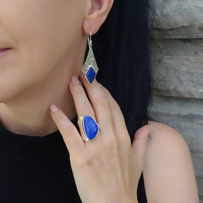 Large Sterling Silver and Lapis Drop Earrings