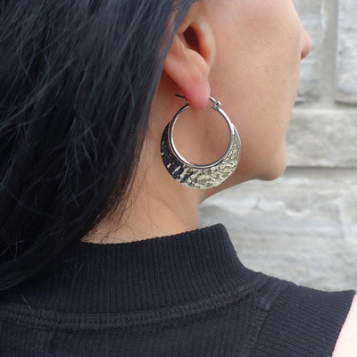 Large Hammered Silver Crescent Hoop Earrings