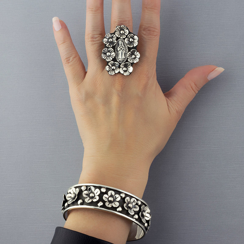 Taxco sterling silver flower cuff bracelet