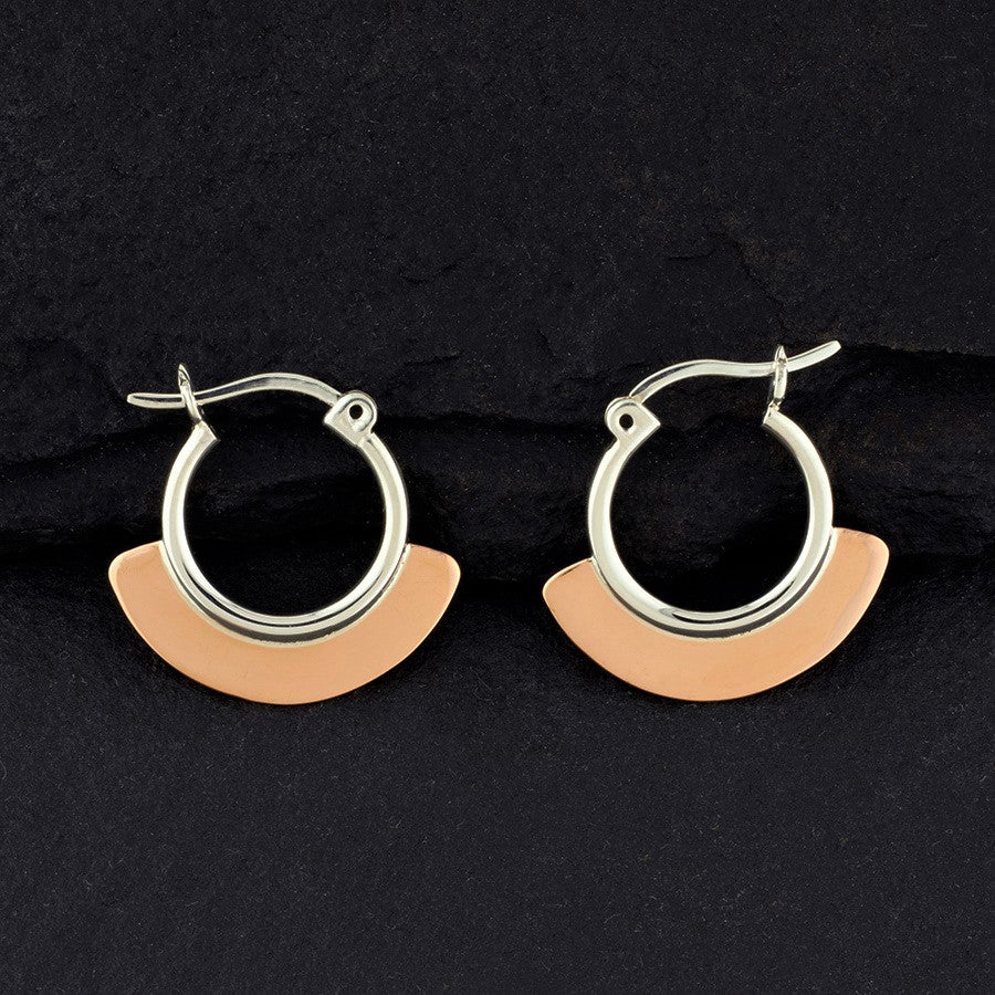 sterling silver and copper half moon hoop earrings