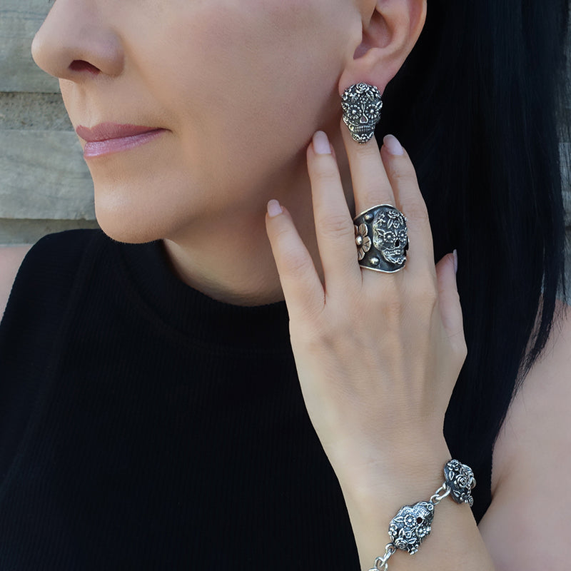 Mexican sterling silver sugar skull stud earrings