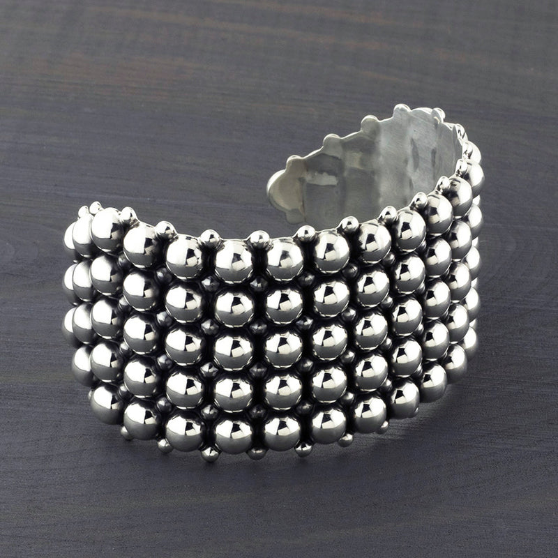 large wide Taxco silver beaded cuff bracelet